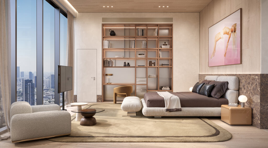 Rendering of a seating area with pale sofas, a curved rug, bookshelves and a large city-view window.