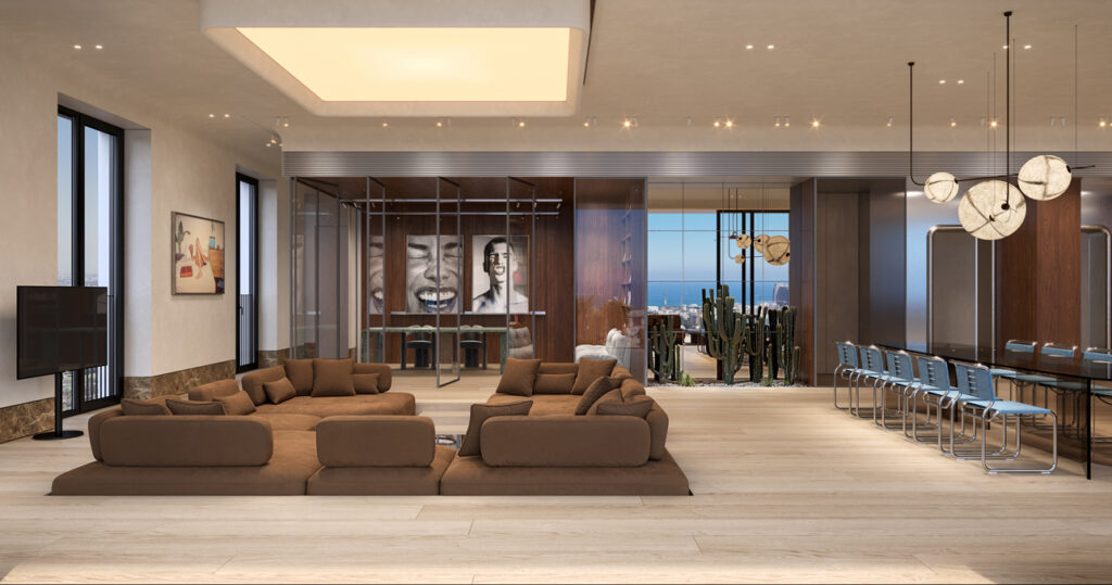 Rendering of an open living space with brown sofas, pendant lights and glazed walls to the terrace.