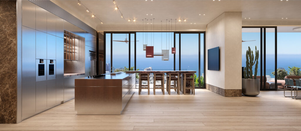 Rendering of a kitchen island and dining table beside full-height glazing overlooking the sea.