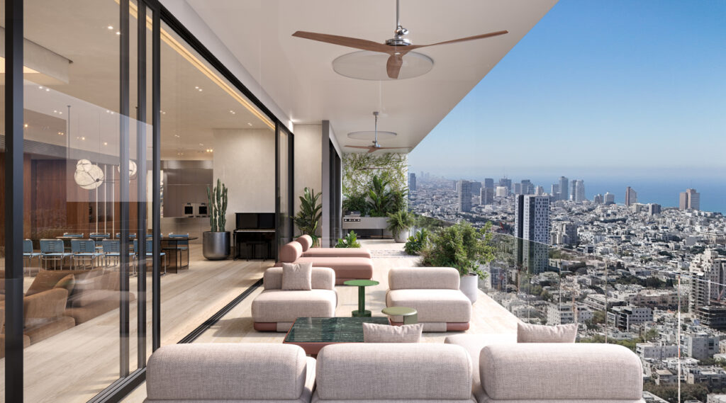 Rendering of a balcony with pale lounge seating and ceiling fans overlooking the city and sea.