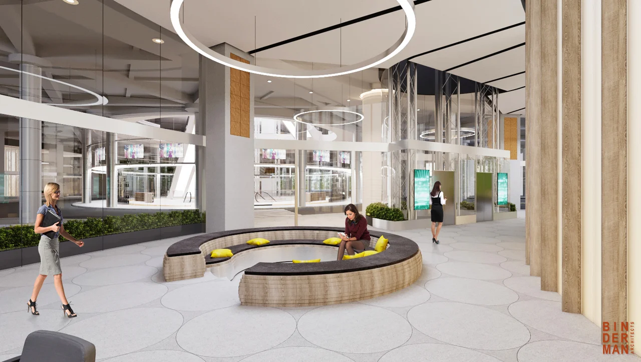 Entrance lobby showing circulation, lighting and interior finishes.