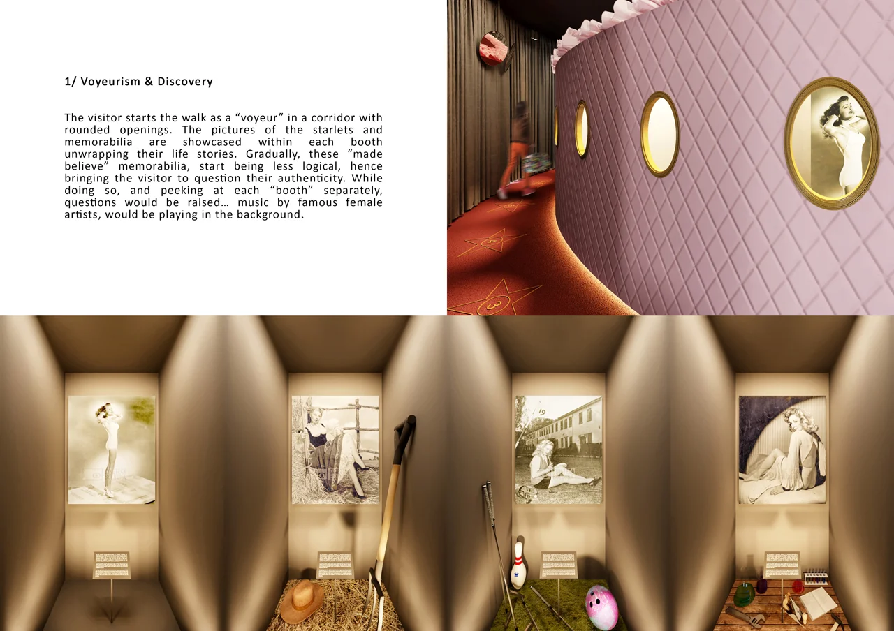 Architectural presentation board combining explanatory text, drawings and interior or exterior views.