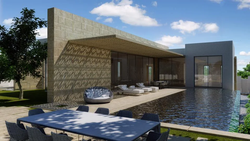 Swimming pool alongside the building and its outdoor spaces.