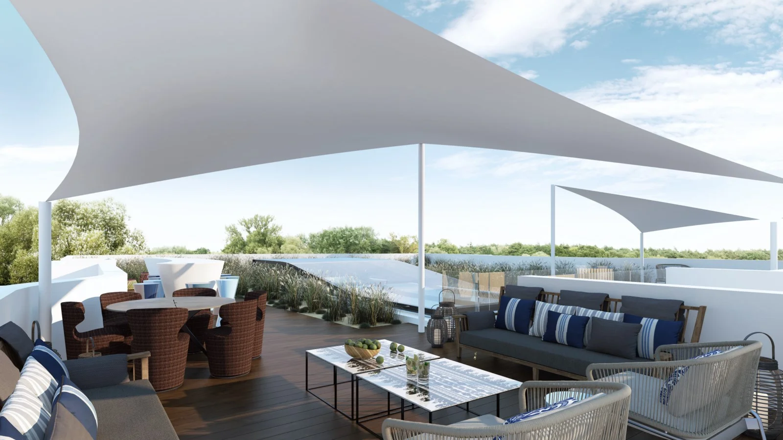 Shaded outdoor space beneath a slatted overhead structure.