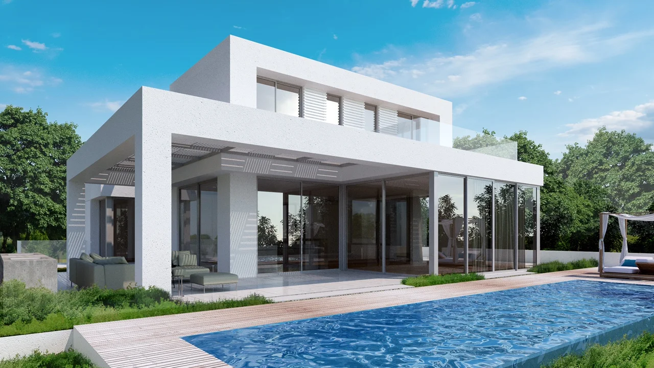 Swimming pool alongside the building and its outdoor spaces.