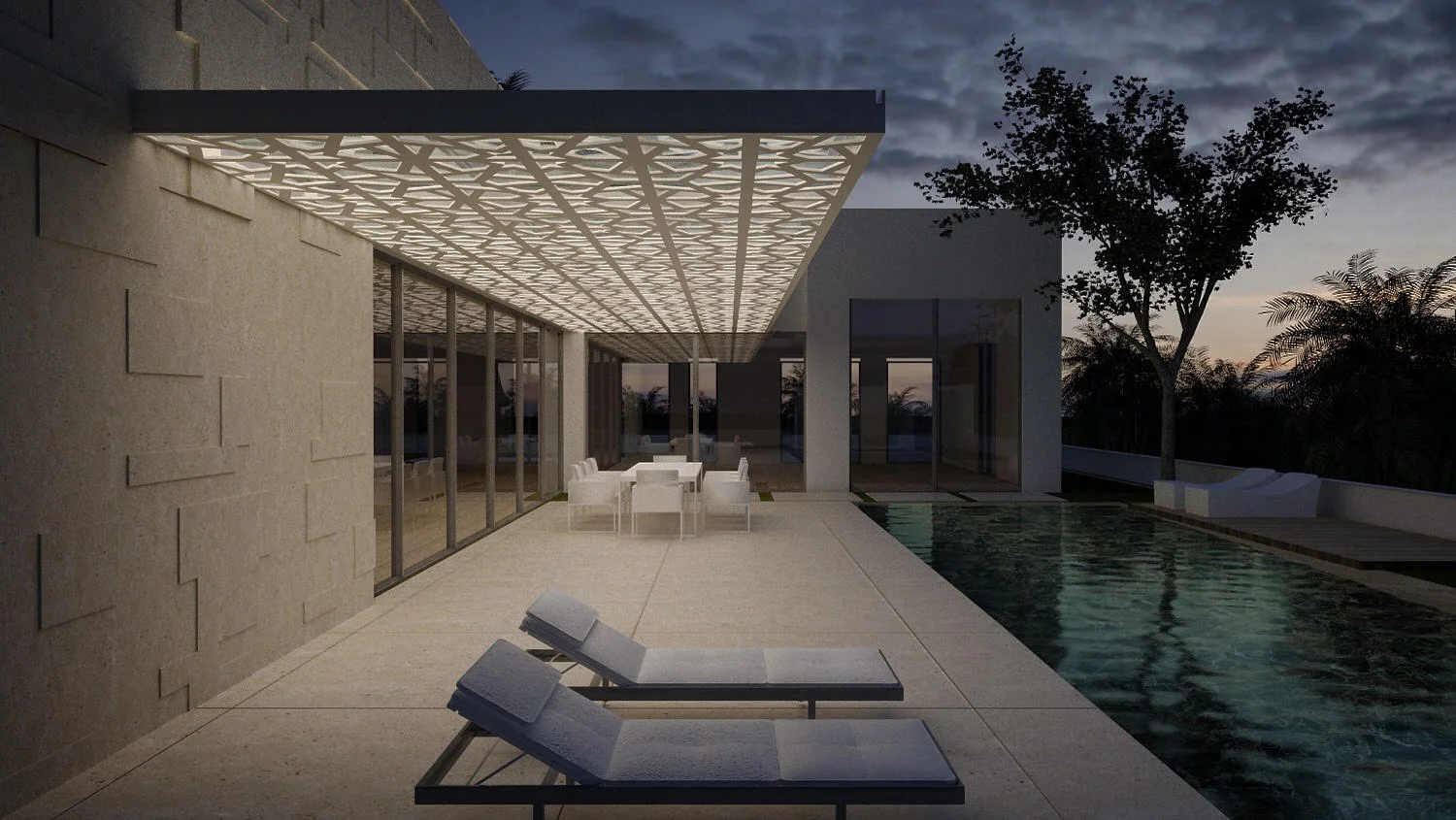 Exterior view at dusk or night, with illuminated spaces.
