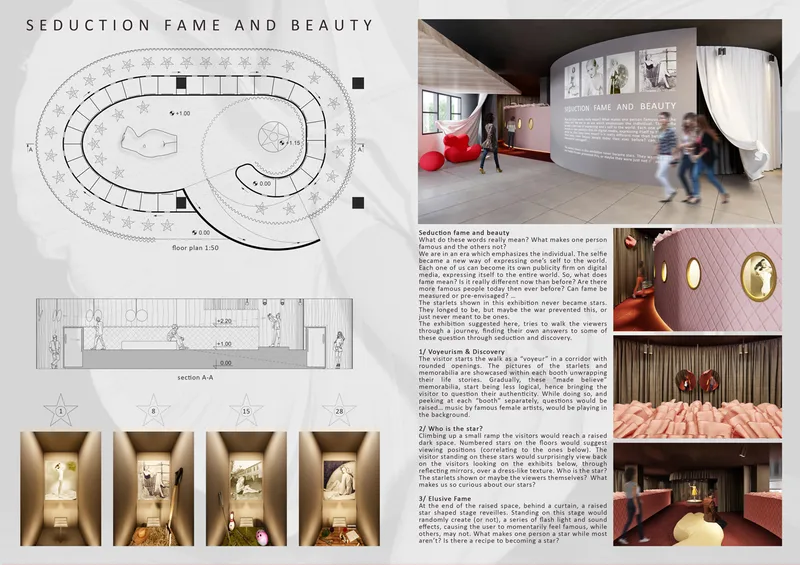 Architectural presentation board combining explanatory text, drawings and interior or exterior views.