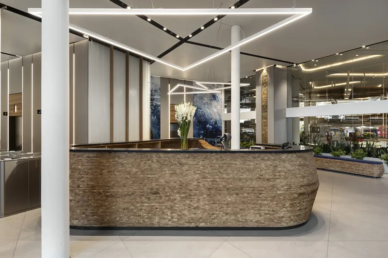 Entrance lobby showing circulation, lighting and interior finishes.