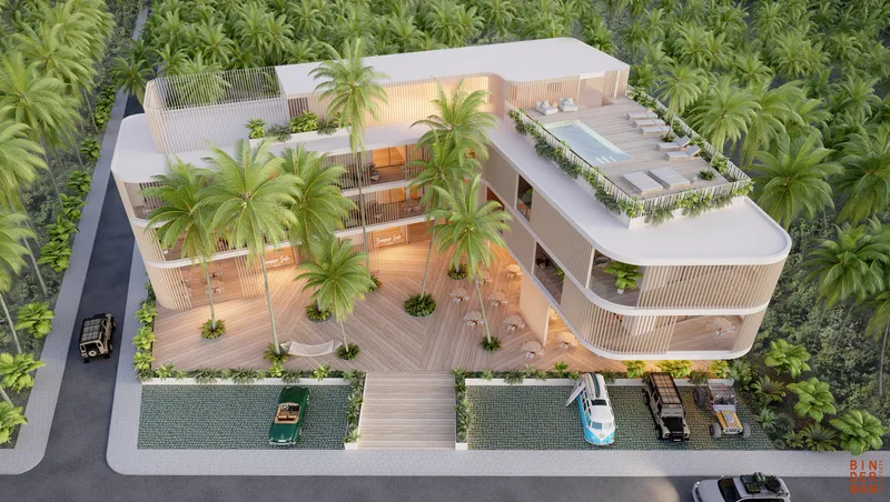 Elevated view of the building and its surrounding outdoor spaces.