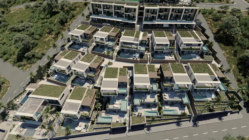 Elevated view of the building and its surrounding outdoor spaces.