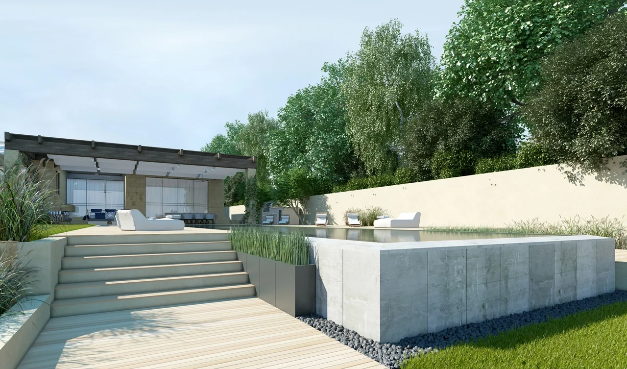 Outdoor path bordered by planting and the building faֳ§ade.