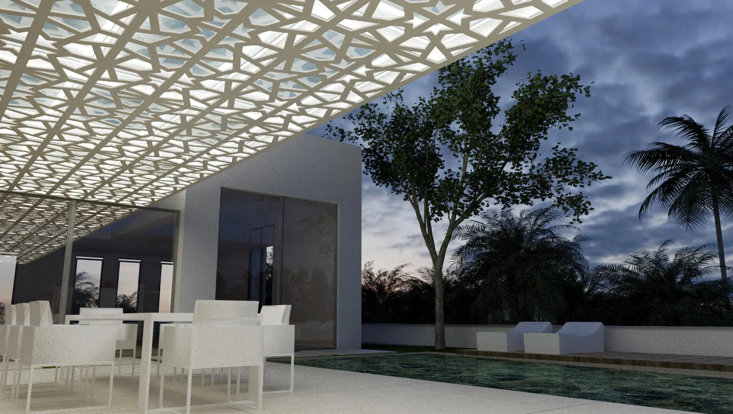 Shaded outdoor space beneath a slatted overhead structure.