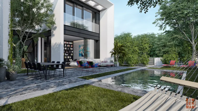 Swimming pool alongside the building and its outdoor spaces.
