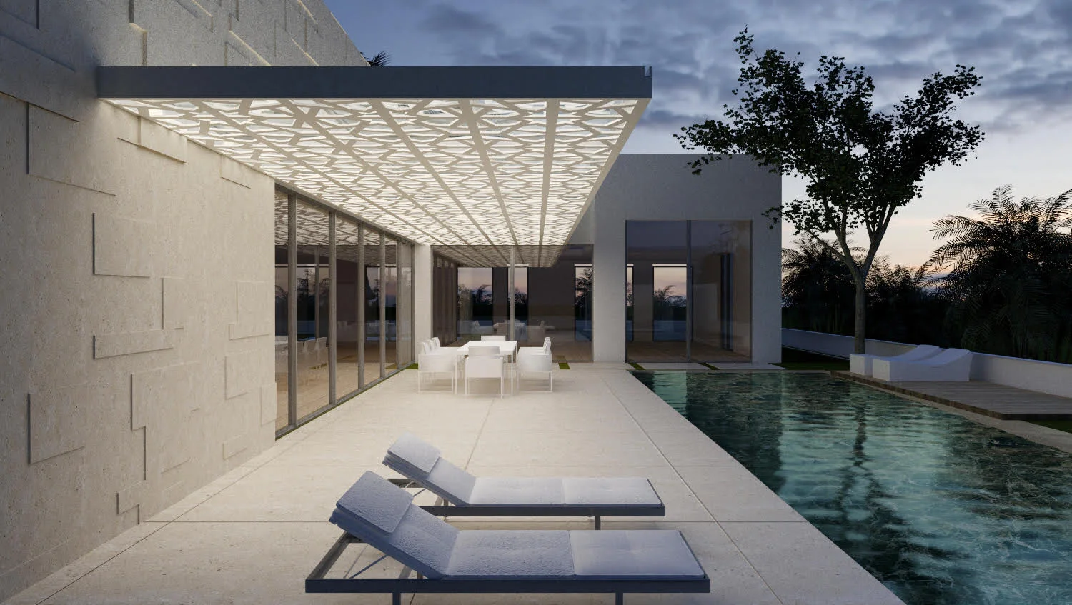 Exterior view at dusk or night, with illuminated spaces.
