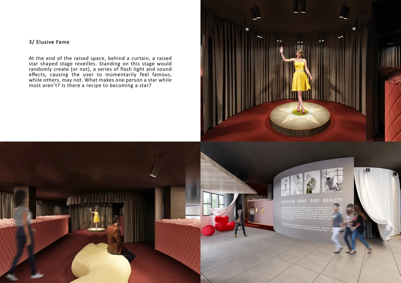 Architectural presentation board combining explanatory text, drawings and interior or exterior views.
