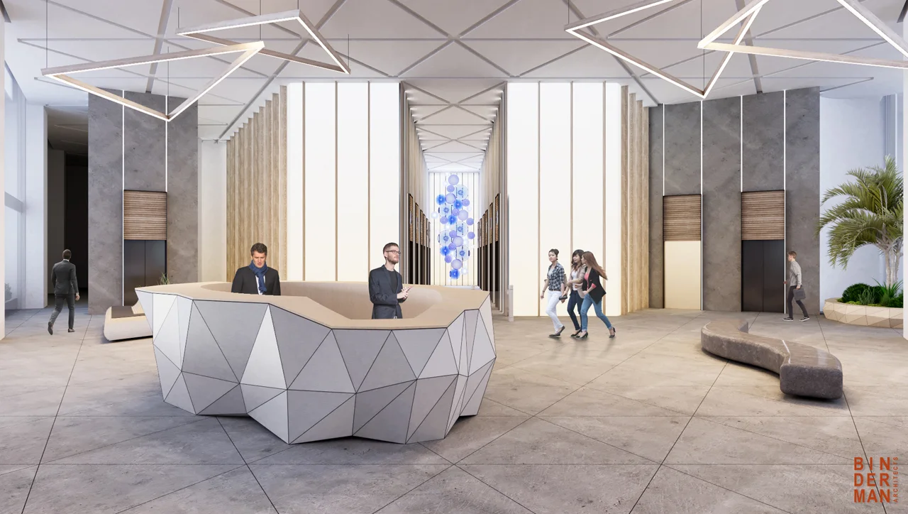 Entrance lobby showing circulation, lighting and interior finishes.