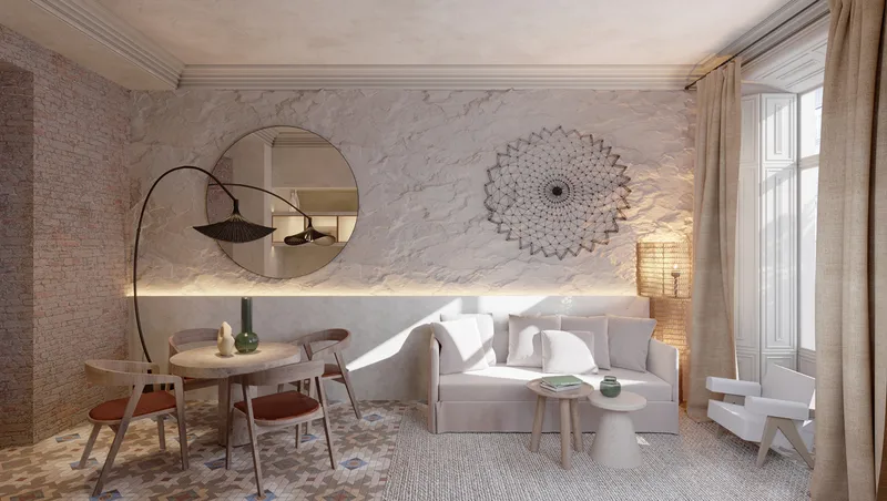 Living room with seating, tables and large windows.