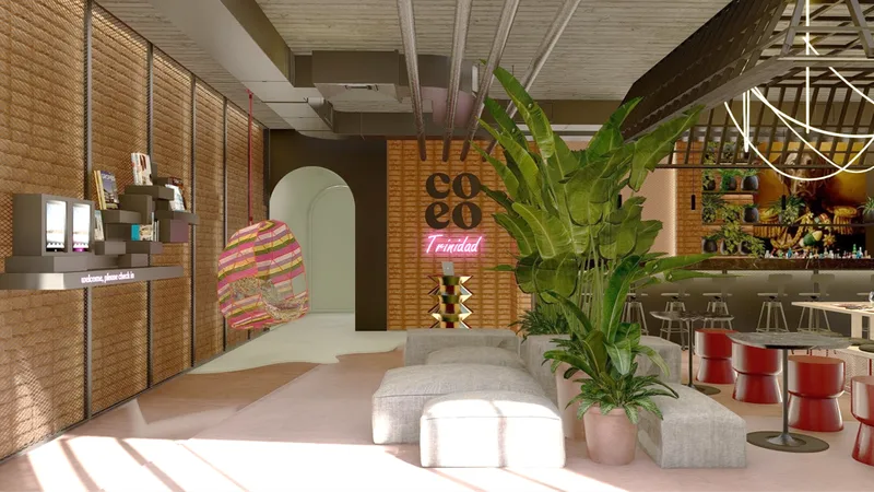Interior seating area with sofas, tables and decorative wall and ceiling finishes.