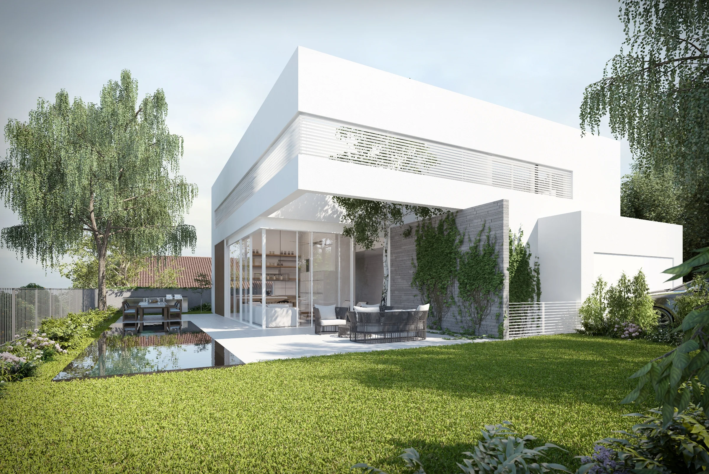 House and glazed living space opening onto a planted lawn.