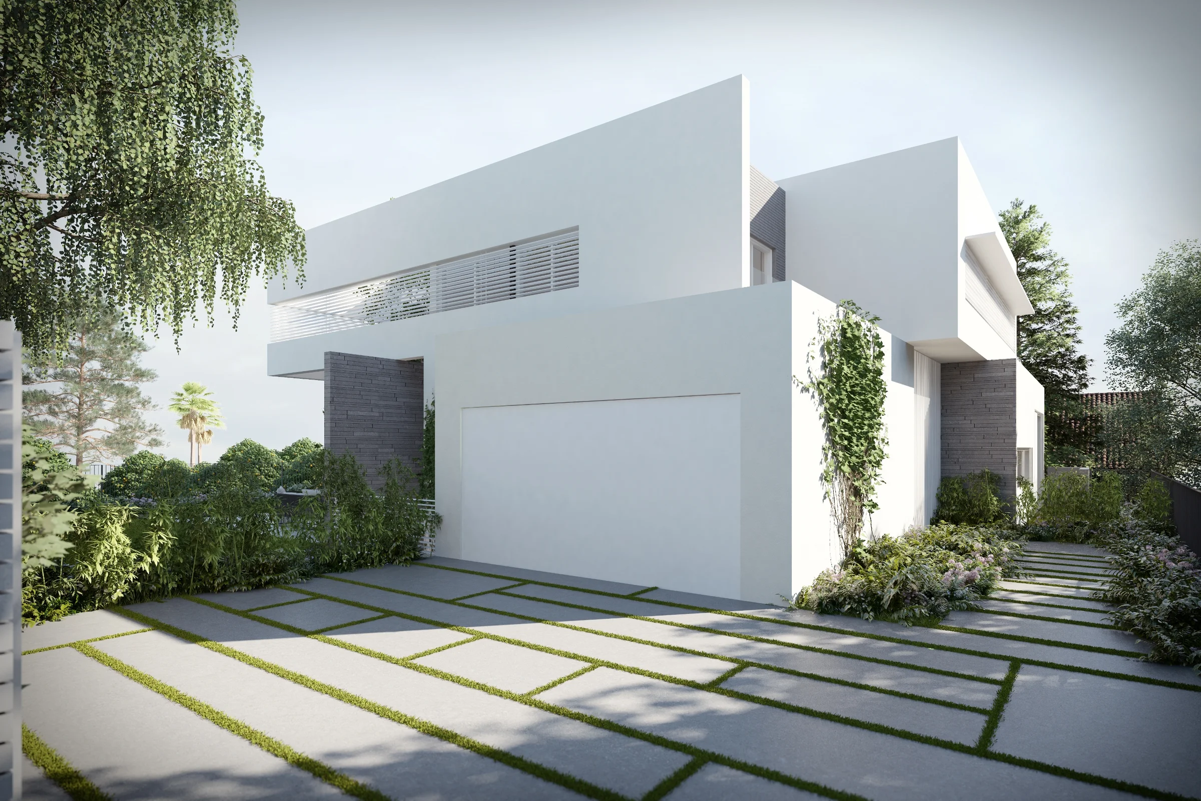 Approach to a house, with paving, planting and exterior walls.