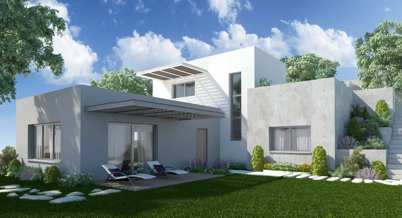 House and glazed living space opening onto a planted lawn.