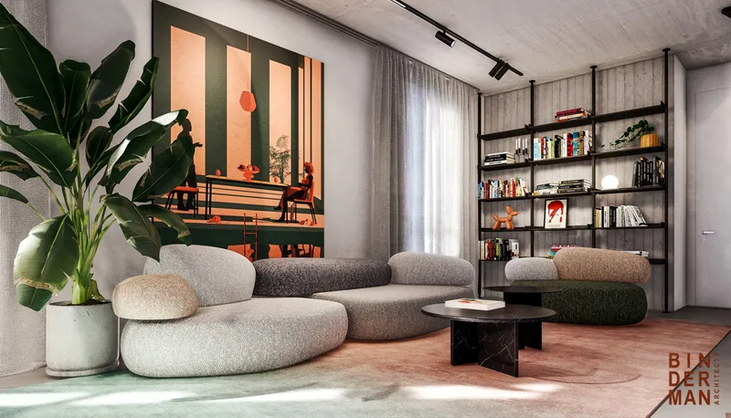 Living room with seating, tables and large windows.