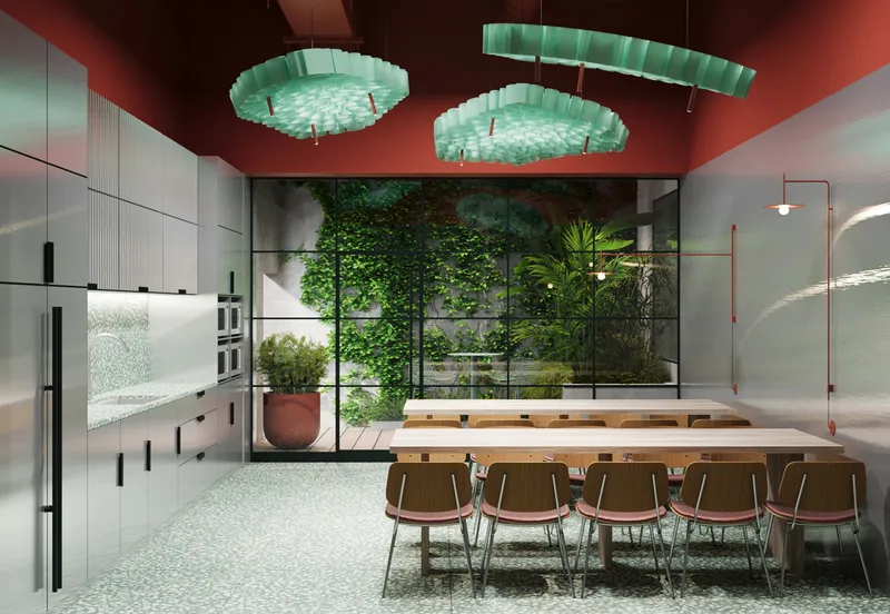 Dining space showing the table, chairs and overhead lighting.