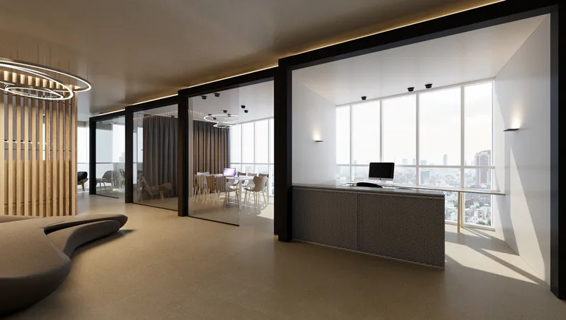 Entrance lobby showing circulation, lighting and interior finishes.