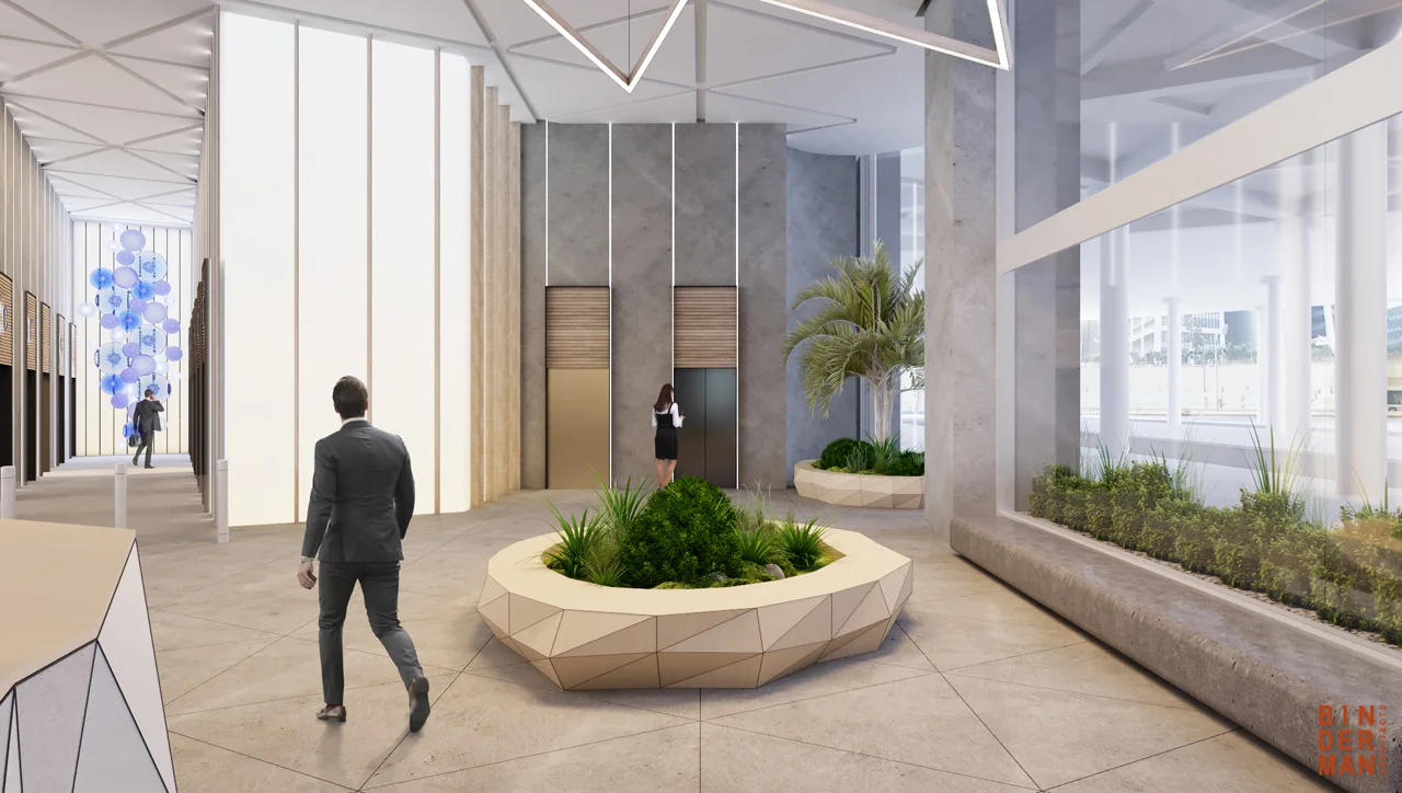 Entrance lobby showing circulation, lighting and interior finishes.
