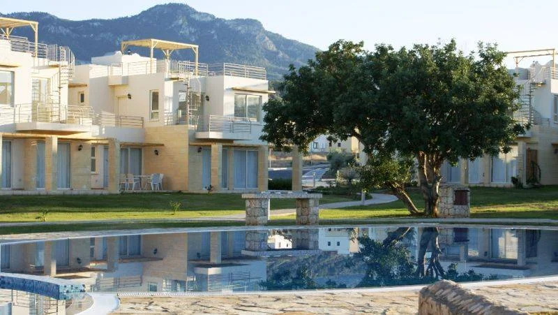 Swimming pool alongside the building and its outdoor spaces.