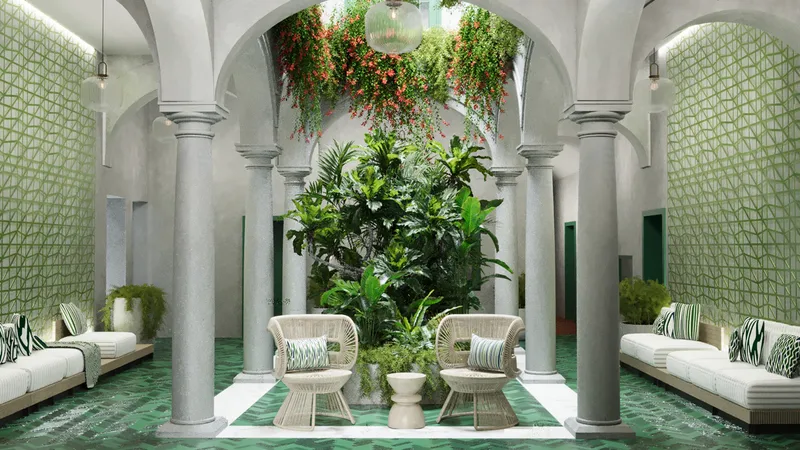 Planted courtyard with a seating area beside the building.