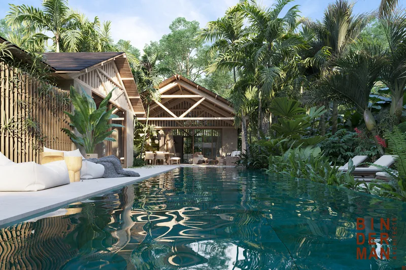 Swimming pool alongside the building and its outdoor spaces.