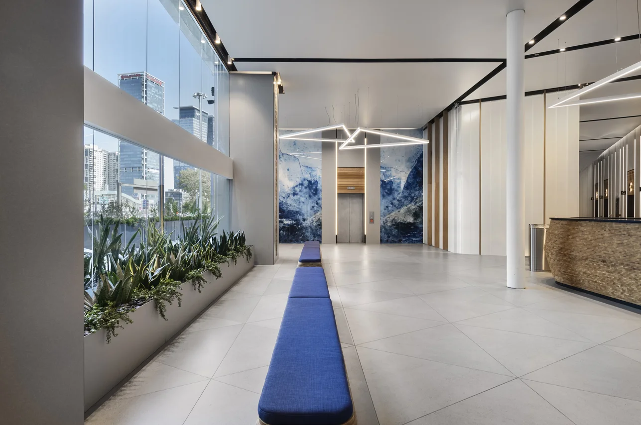 Entrance lobby showing circulation, lighting and interior finishes.