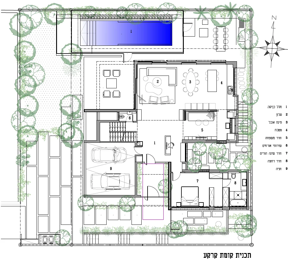 Architectural floor plan showing the room layout, surrounding planting and pool.