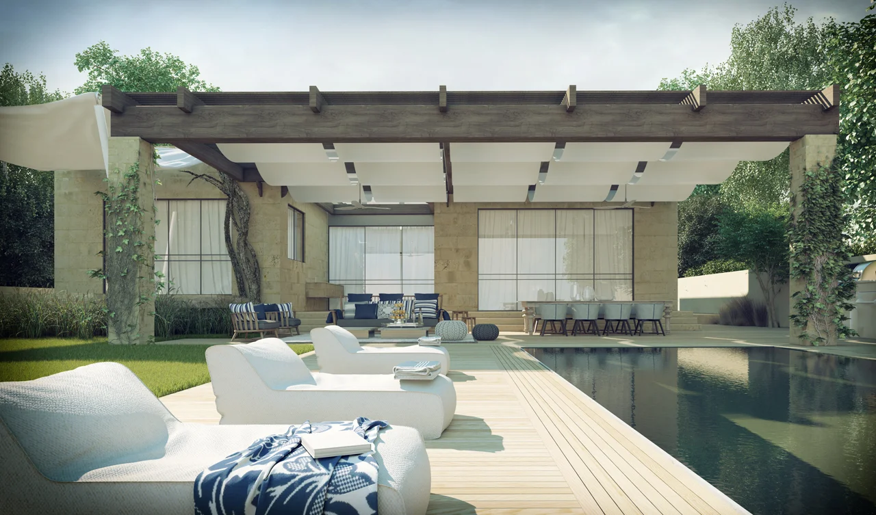 Outdoor seating area beside the building's glazed openings.