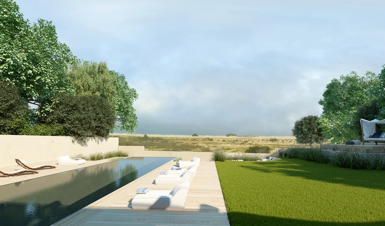 Swimming pool alongside the building and its outdoor spaces.
