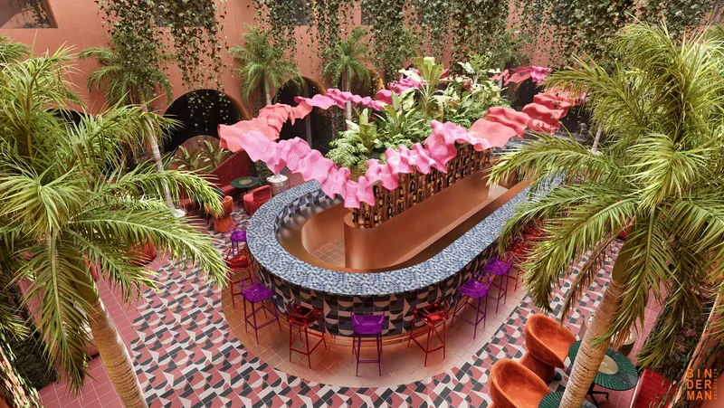 Dining interior with tables, seating and decorative finishes.