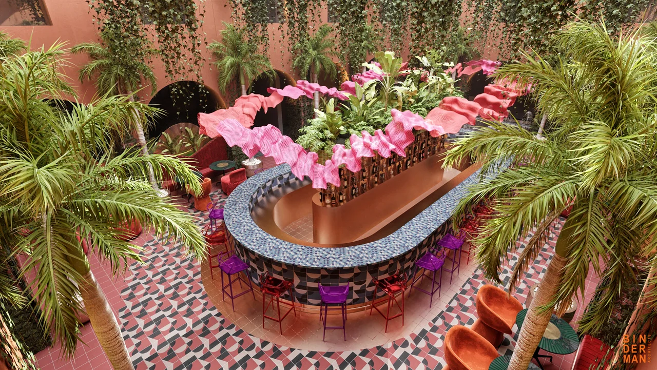 Dining interior with tables, seating and decorative finishes.